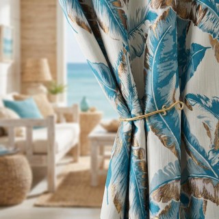 Banana Leaf Bliss Teal Blue and Gold Tropical Curtains 2