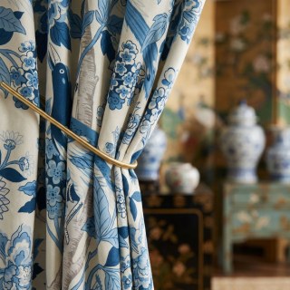 Birds & Blossoms Chinoiserie Blue Floral Velvet Curtain 2