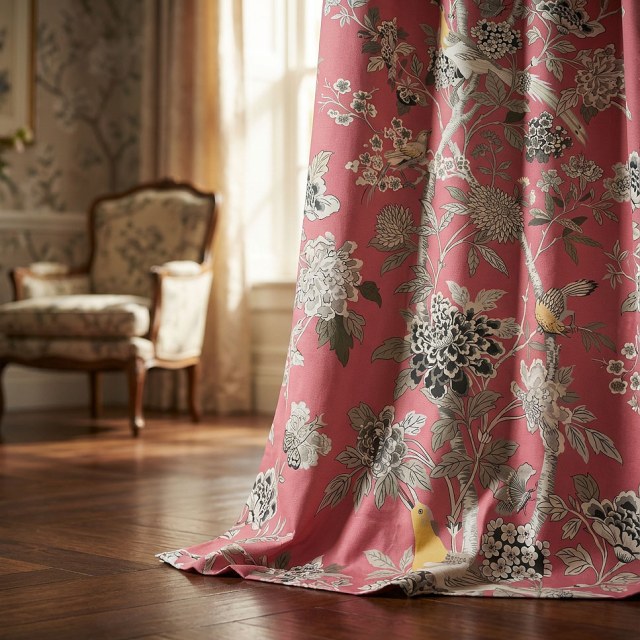 Birds & Blossoms Chinoiserie Coral Red Floral Velvet Curtain 1