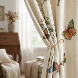Butterfly Garden Cream Floral Embroidered Linen Style Curtain 3