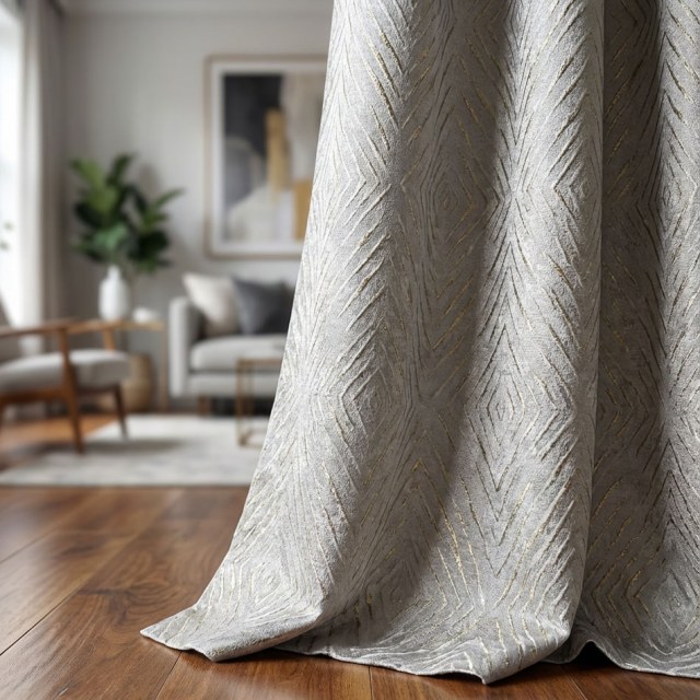 Diamond Life 3D Jacquard Gold Glittery Silver Grey Geometric Curtain 1