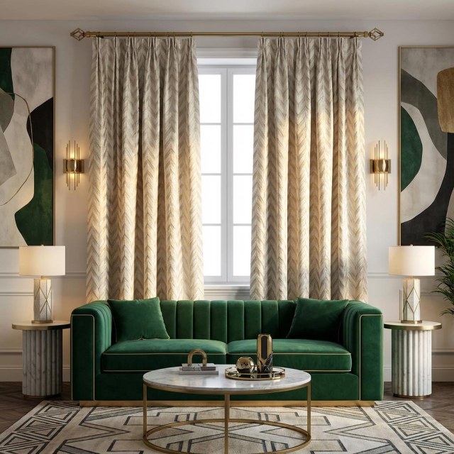 Elegante Art Deco Chevron Ivory White Curtain with Gold Details 1