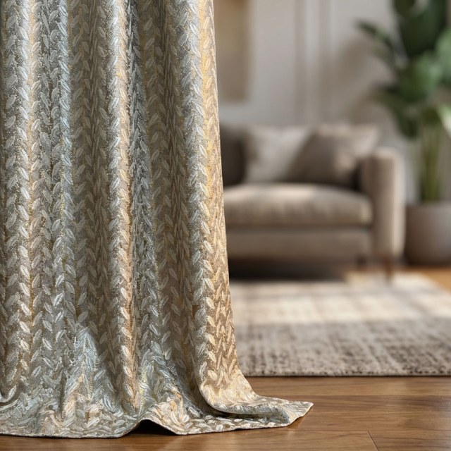 Field of Gold Luxury Jacquard Grain Patterned Mocha Curtain with Gold Details 1