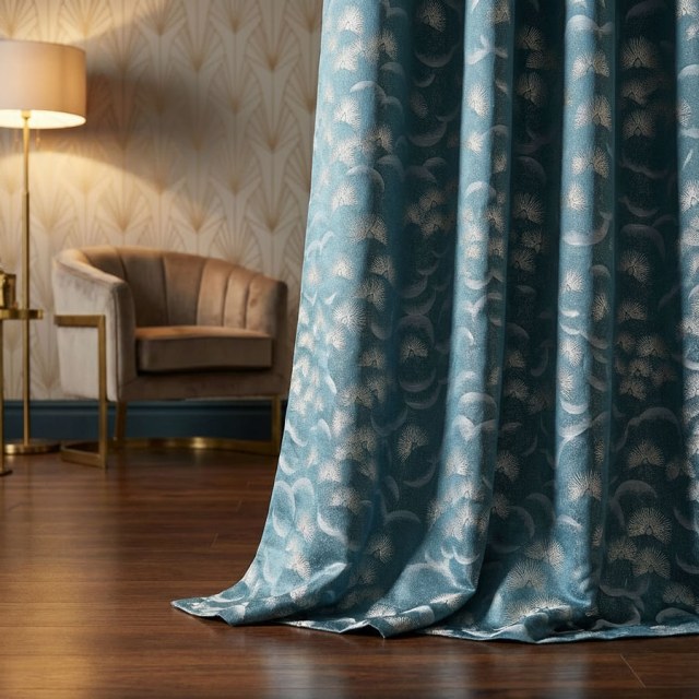 Fluttering Fanburst Art Deco Geometric Teal Curtains 1