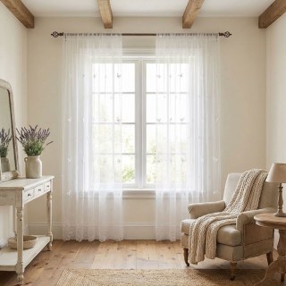 Graceful Butterfly Glass Pearl Beaded White Embroidered Voile Curtain 3