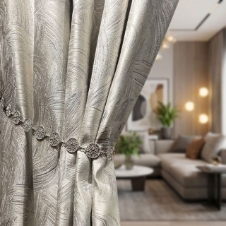 Impressionist Strokes Luxury Jacquard Champagne Curtain with Silver Details 2