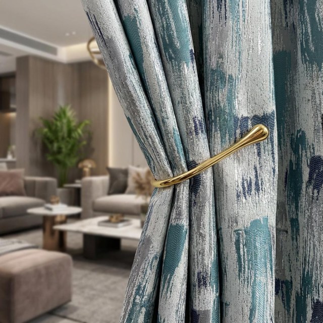 Impressionist Strokes Luxury Jacquard Teal Blue Curtain with Silver Details 1