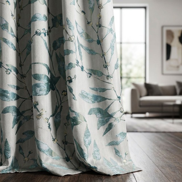 In The Woods Luxury Jacquard Shimmery Teal Leaves Curtain with Gold Details 1