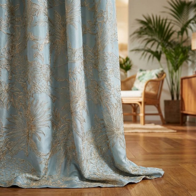 Jungle Jive Leopard and Parrot Duck Egg Blue and Gold Blackout Curtains 1