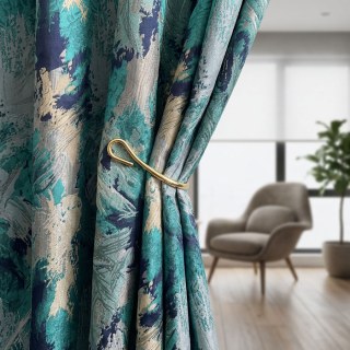 Jungle Mist Luxury Jacquard Teal Blue Abstract Curtains 3