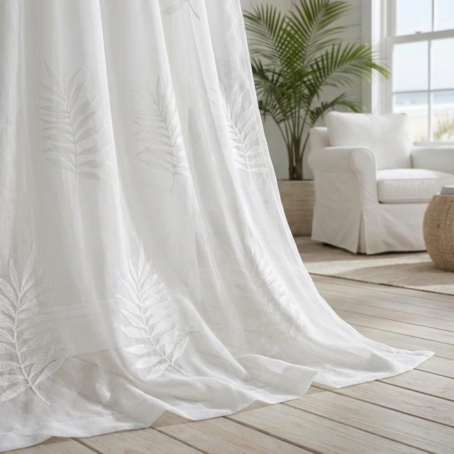 Leafy Whispers Embroidered Ivory White Voile Curtain 1