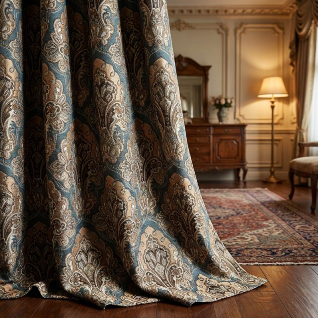 Regal Elegance Blue and Brown Damask Curtains 1