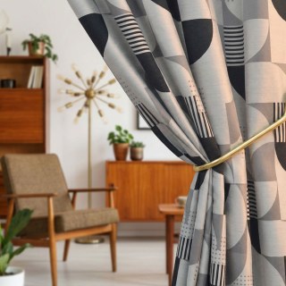 Retro Rhythm Mid Century Modern Black White and Gey Geometric Curtain 4