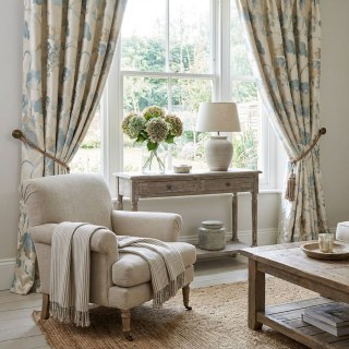 Secret Garden Silky Cream & Pastel Teal Floral Curtain with Gold Details 4