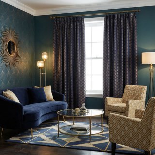The Roaring Twenties Luxury Art Deco Shell Pattern Navy Blue & Gold Geometric Curtain 2