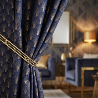 The Roaring Twenties Luxury Art Deco Shell Pattern Navy Blue & Gold Geometric Curtain