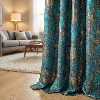 Turquoise Treasures Luxury Jacquard Teal Blue & Gold Curtain 2