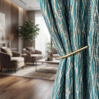 Woven Drift Abstract Geometric Teal Curtains with Gold Details 2