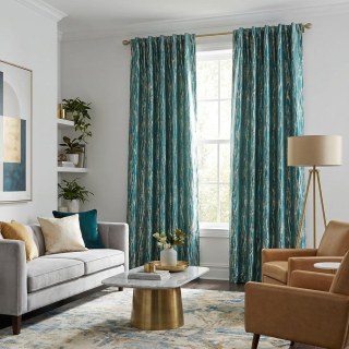 Woven Drift Abstract Geometric Teal Curtains with Metallic Gold Accents 3
