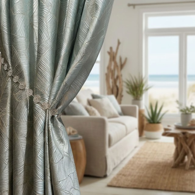 Banana Leaves Luxury 3D Jacquard Duck Egg Blue Curtain 1