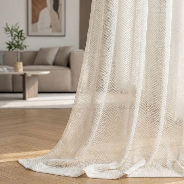 Mermaid Veil Ivory White Herringbone Sheer Curtain 1