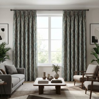 Woven Drift Abstract Geometric Teal Curtains with Metallic Gold Accents 3