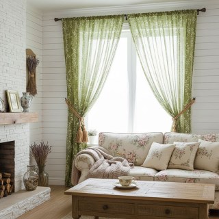 Pascal Olive Green Vine Print Semi Sheer Voile Curtain 3