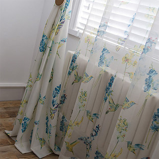 Hummingbird Blue Floral Jute Style Curtain (Not Voile) 3