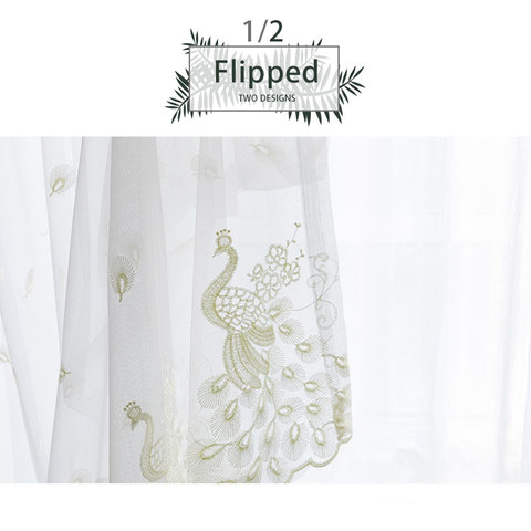 Flipped Pastel Yellow Peacock Embroidered Net Curtain 1