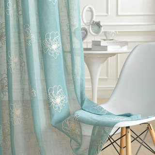 Flowers of the Four Seasons Teal Blue Embroidered Sheer Curtain 2