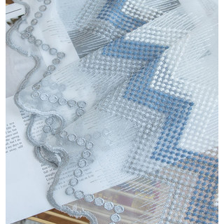 Zigzag White Blue and Grey Sheer Curtains with Embroidered Dot Detail and Scalloped Edge 6