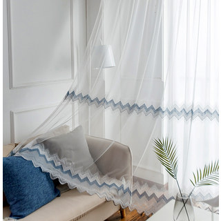 Zigzag White Blue and Grey Sheer Curtains with Embroidered Dot Detail and Scalloped Edge 2