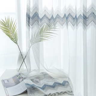 Zigzag White Blue and Grey Sheer Curtains with Embroidered Dot Detail and Scalloped Edge 3