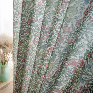 William Morris Green Floral Jute Style Curtain 1