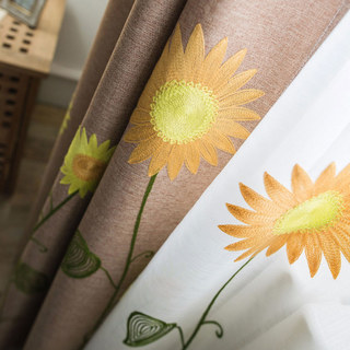 Yellow Brown Sunflower and Butterfly Embroidered Curtain