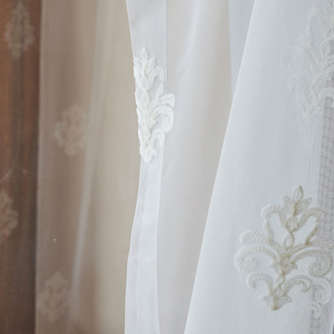 Neoclassical Design Damask White Embroidered Sheer Voile Curtain