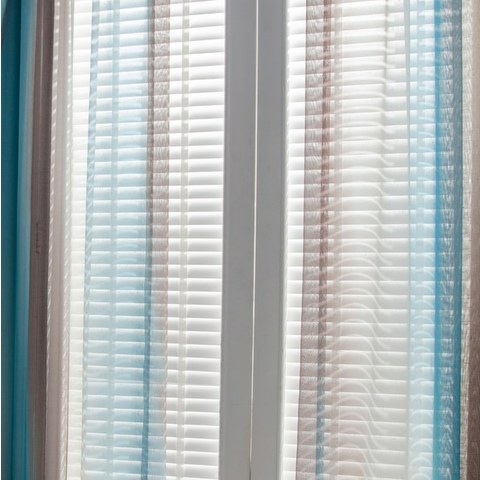 Sea Breeze Cocktail Coconut Shell Brown and Seashore Blue Striped Sheer Curtain 1