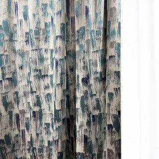 Impressionist Strokes Luxury Jacquard Teal Blue Curtain with Silver Details 2