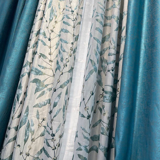 In The Woods Luxury Jacquard Shimmery Teal Leaves Curtain with Gold Details 3
