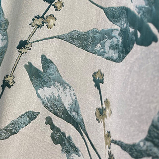 In The Woods Luxury Jacquard Shimmery Teal Leaves Curtain with Gold Details 5