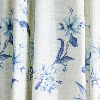 French Iris Porcelain Blue & White Jute Style Floral Curtain 2