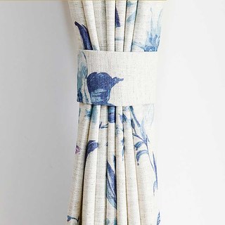 French Iris Porcelain Blue & White Jute Style Floral Curtain 4