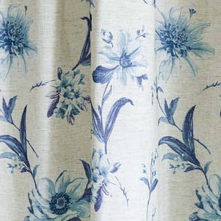 French Iris Porcelain Blue & White Jute Style Floral Curtain