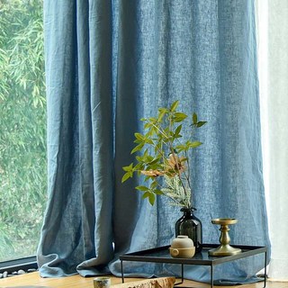 Wabi Sabi Pure Flax Linen Teal Blue Heavy Semi Sheer Curtain 3