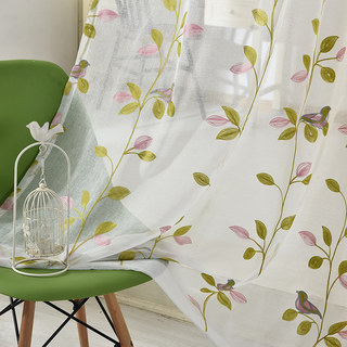 Misty Meadow Floral and Bird Embroidered Sheer Curtain