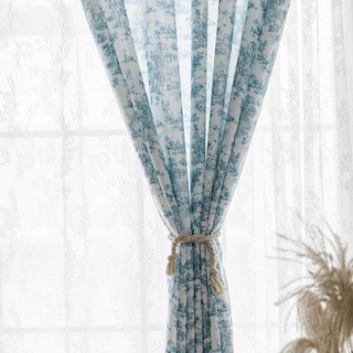 French Country Retro Landscape Porcelain Blue and White Toile Curtain 4