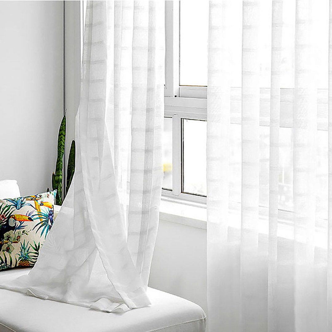 Roma Striped Grid Textured Weaves White Sheer Curtains