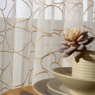 Pebble Beach Embroidered Circles White and Gold Voile Curtain 2