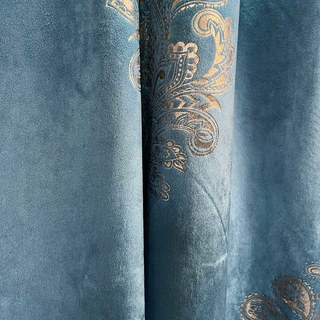 Heritage Luxury Blue and Gold Damask Velvet Curtain 5