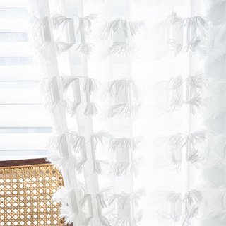 Square Lattice Fringe Trim Geometric White Sheer Curtain 3